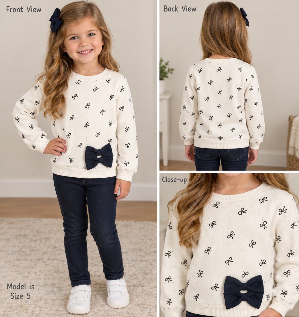 Tahari Girls Ivory and  Black Bow Ribbon Sweatshirt Ribbed Edging NWT SIZE 5